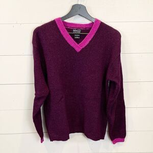 NY & CO 100% wool Purple V-Neck Sweater with Pink Trim size medium